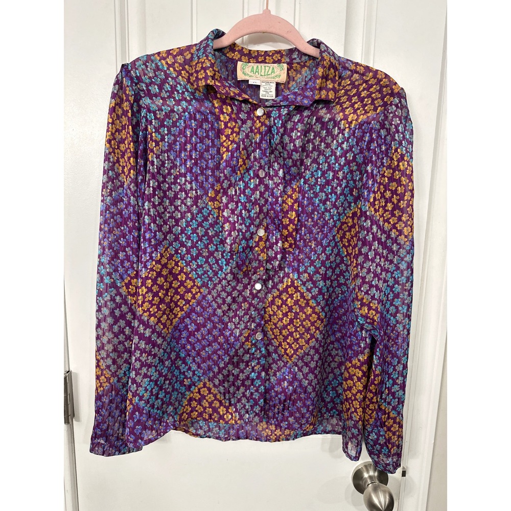Vintage Aaliza Purple Floral Plissé Button Down Blouse Size 11 Western